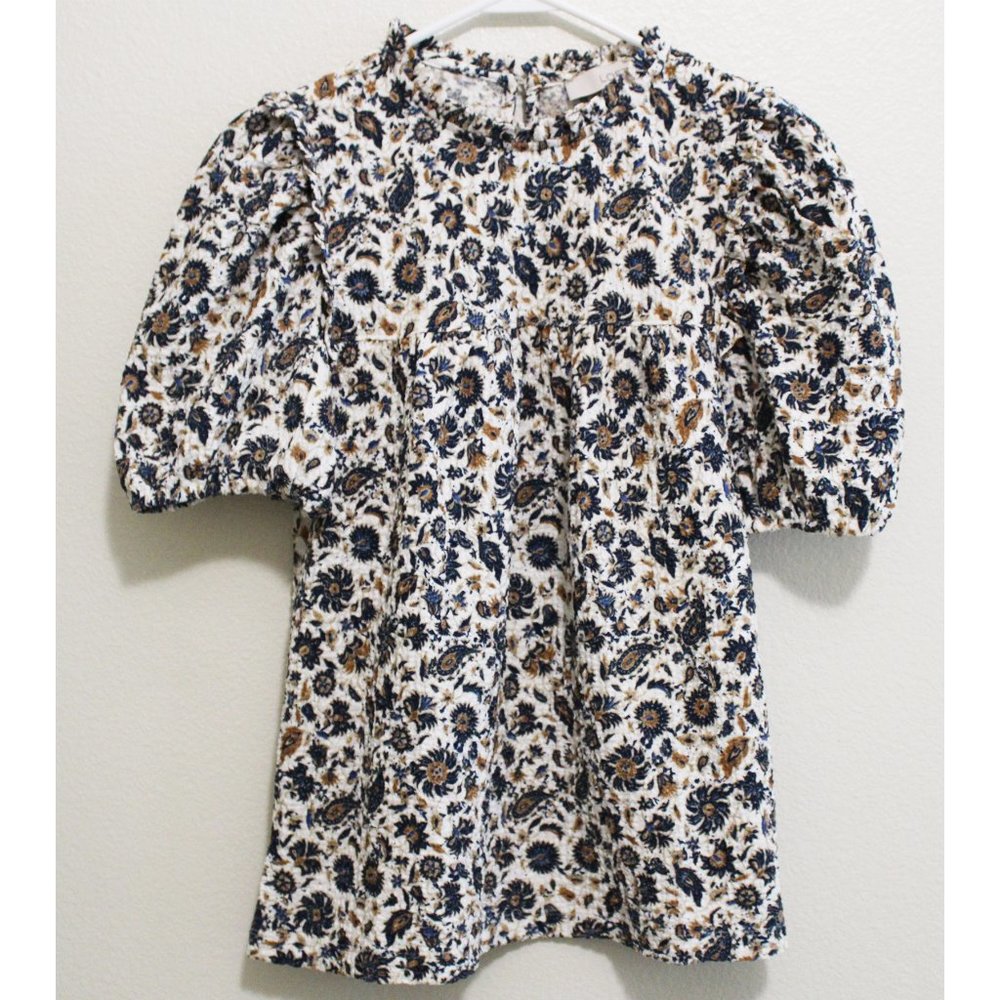 NWT LOFT Floral Textured Ruffle Puff Sleeve Top - Picture 2 of 6